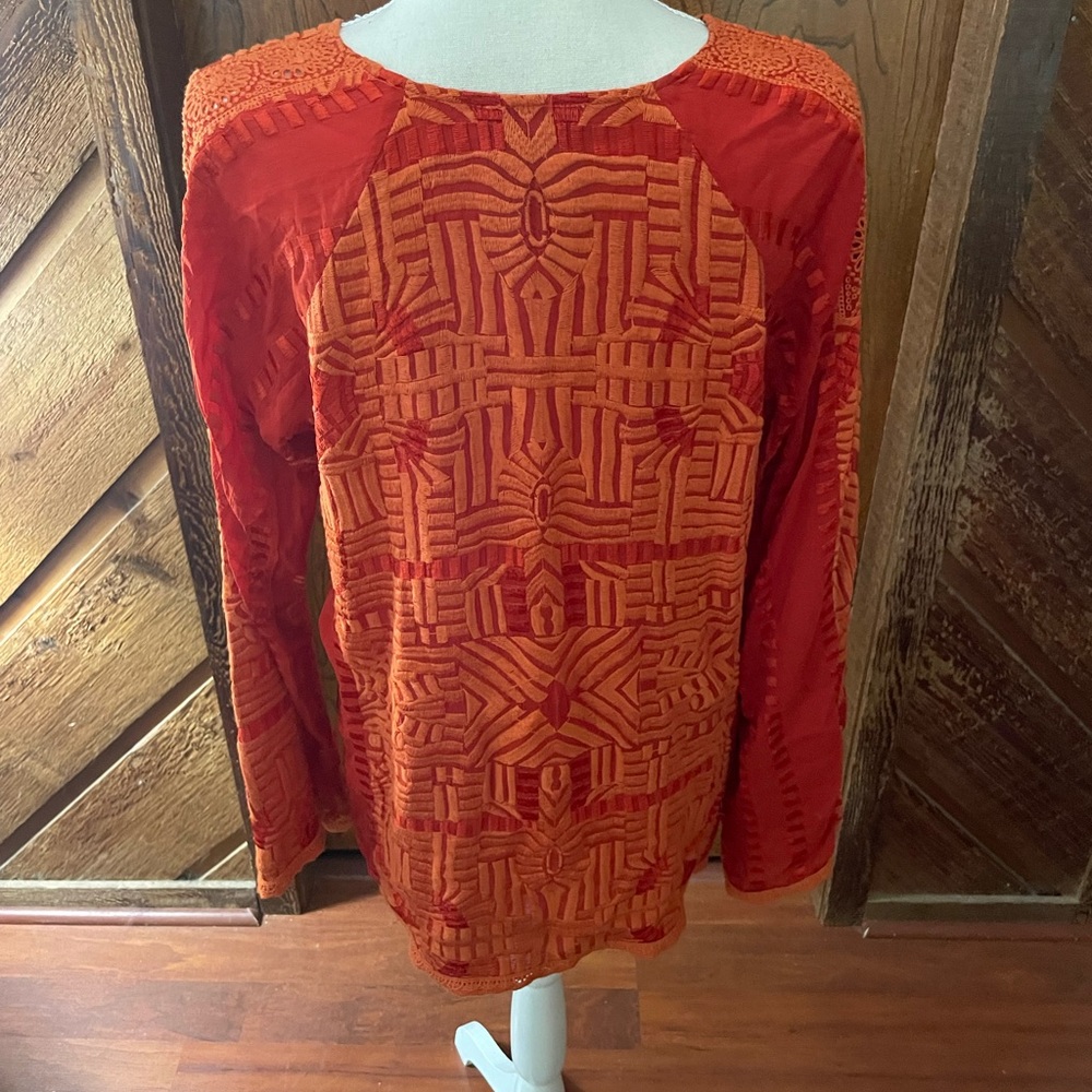 Johnny Was Orange Embroidery peasant blouse sz XS Vneck long sleeve eyelet lace - Picture 8 of 16